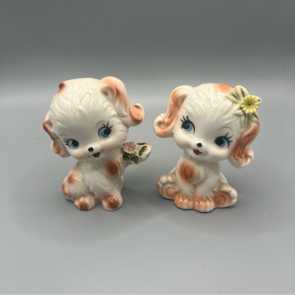 Vintage Lefton Anthropomorphic Puppy Figurines MCM Kitschy Floral Set of 2